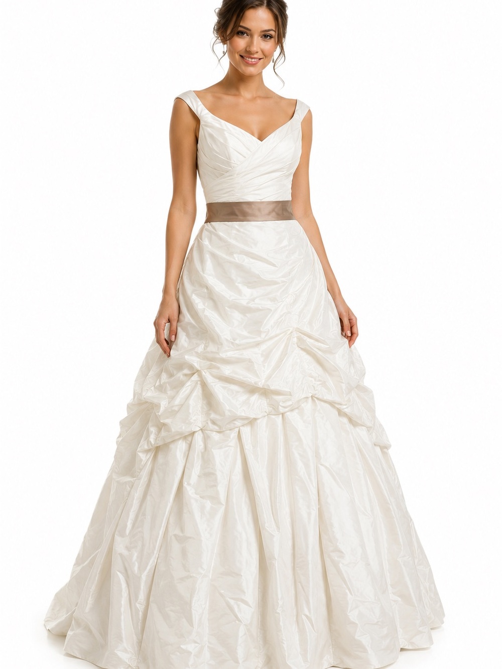 NWT Da Vinci Bridal Ivory Off the Shoulder Ruched Ball Gown with Bronze Belt -10